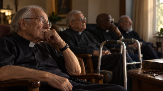 Padres idosos de diferentes aparências sentados em uma sala, em silêncio, durante um momento de reflexão.